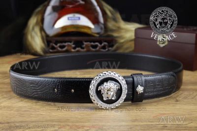 AAA Replica Versace Belt With Silver Diamond Medusa Buckle